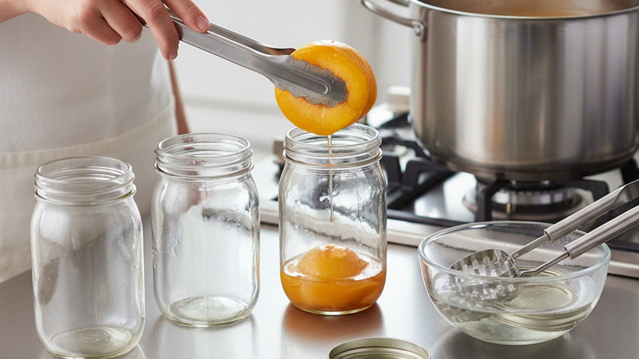 Hot-pack peaches into jars