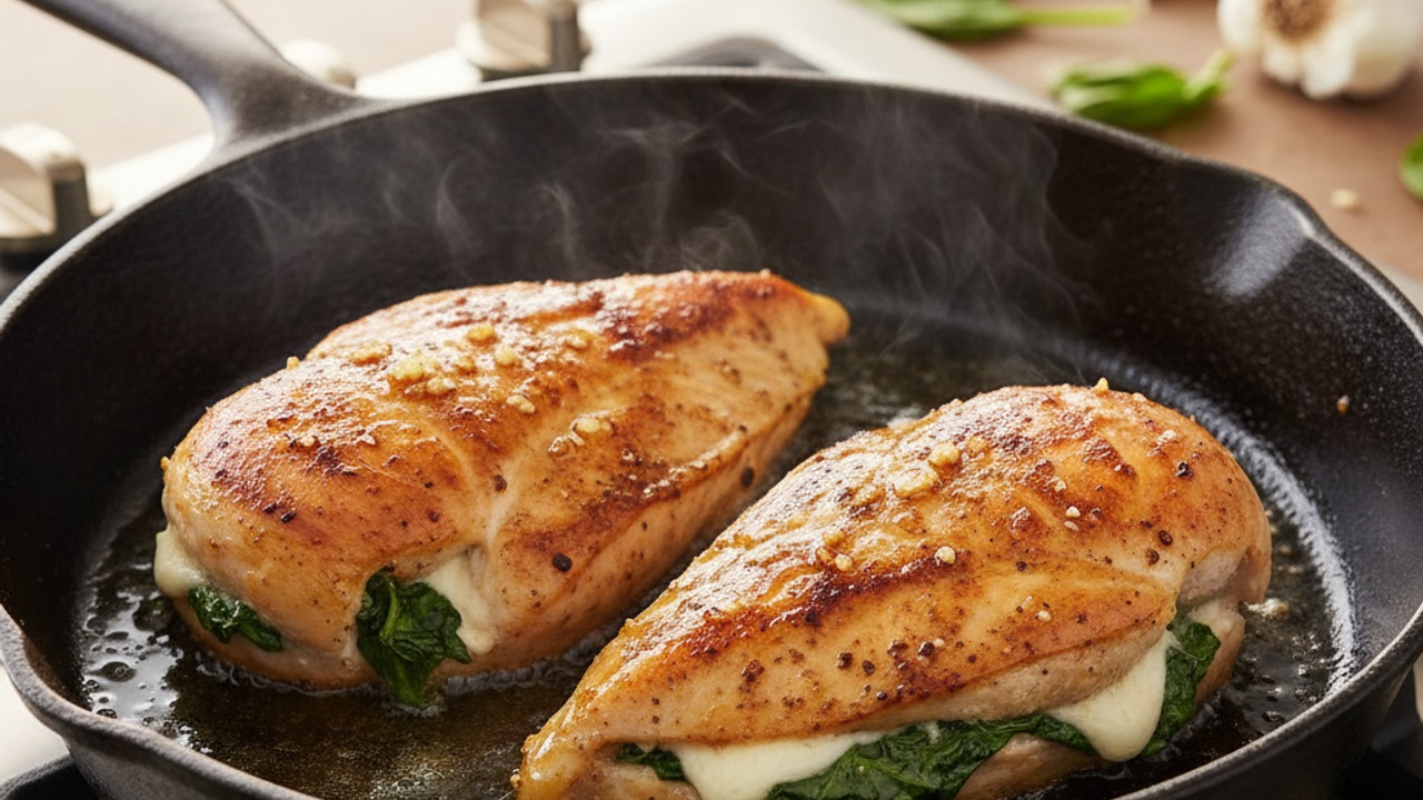 Sear the stuffed breasts