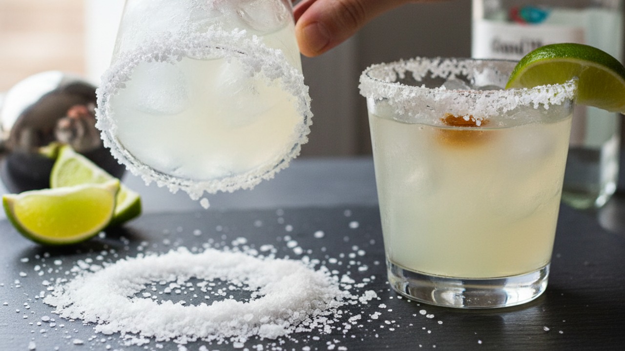 Finish with salt rim and garnish