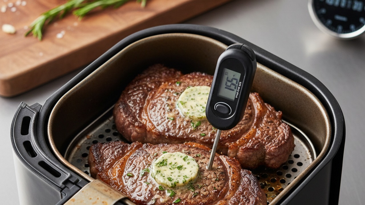 Air fry the steaks to desired doneness