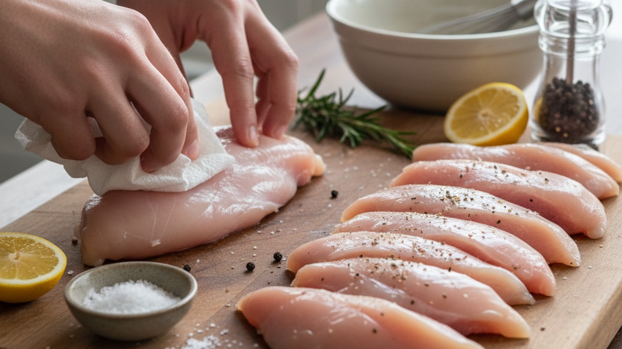 Trim, cut and season the chicken