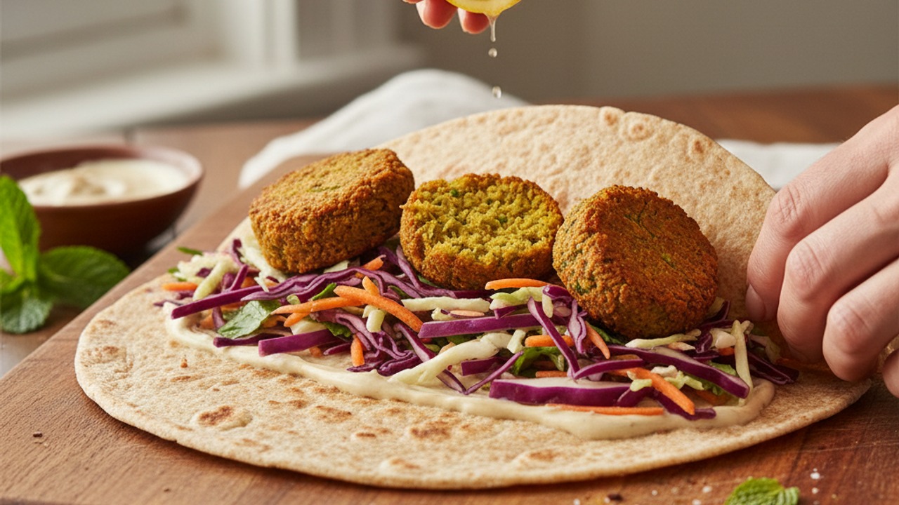 Warm flatbreads and assemble the wraps