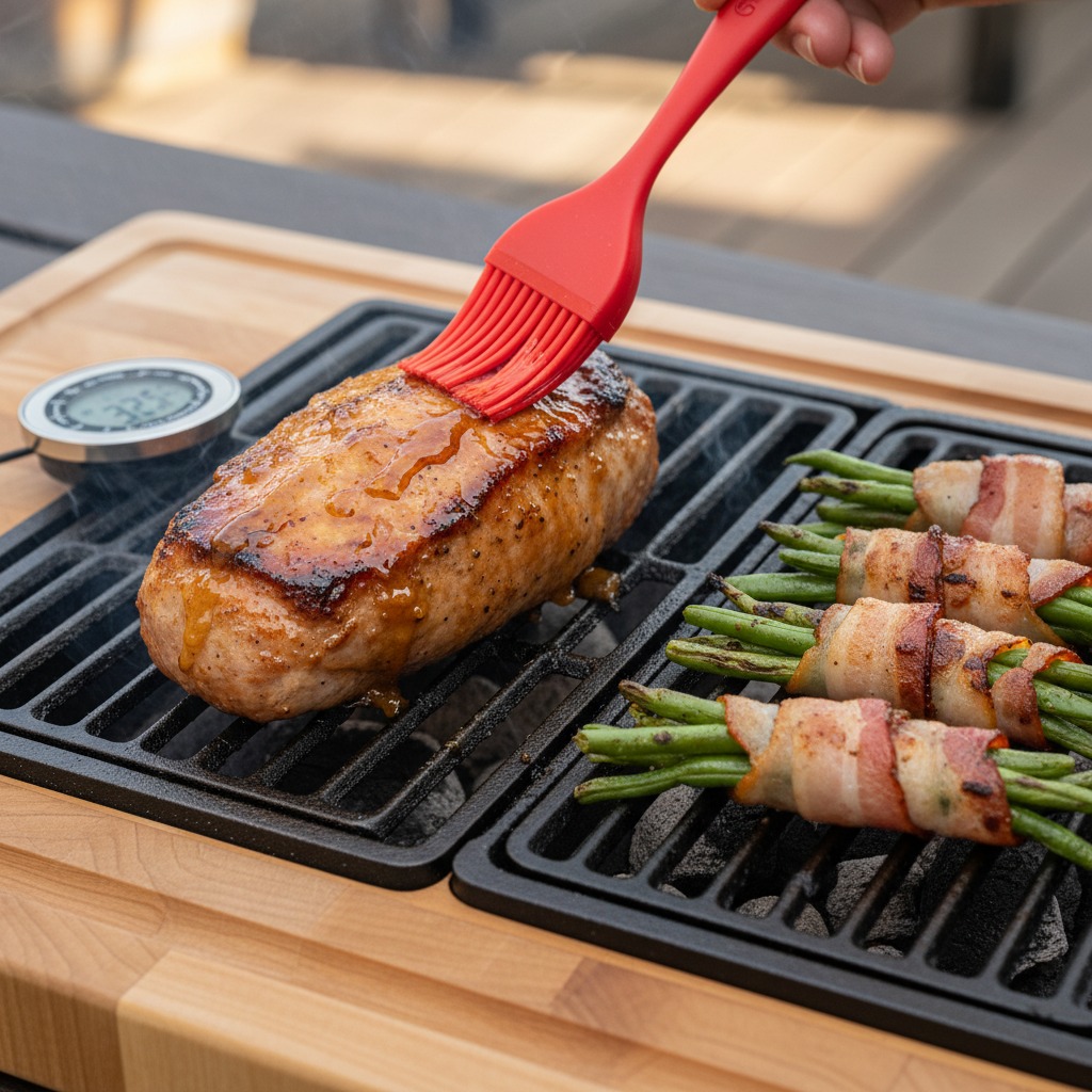 Finish on indirect, baste with glaze, and time components to finish together