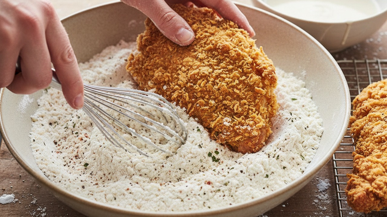 Prepare the dredge and coat the chicken