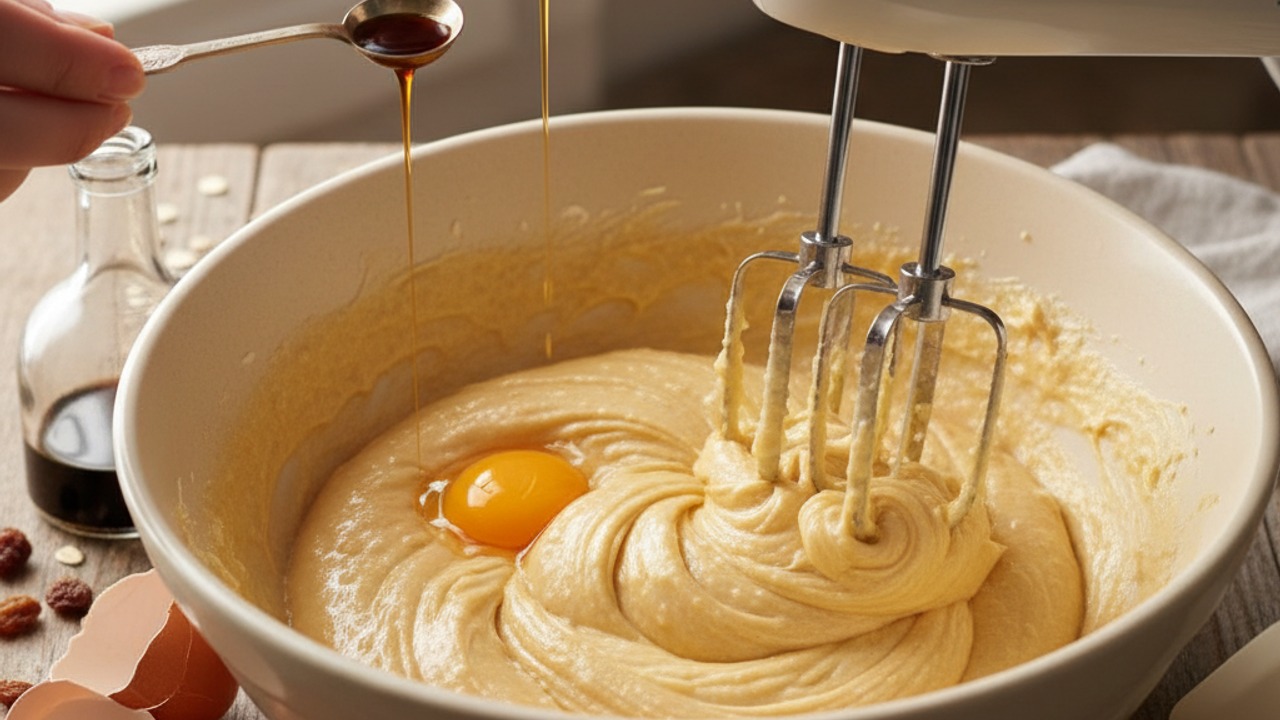 Cream butter and brown sugar, add eggs and vanilla