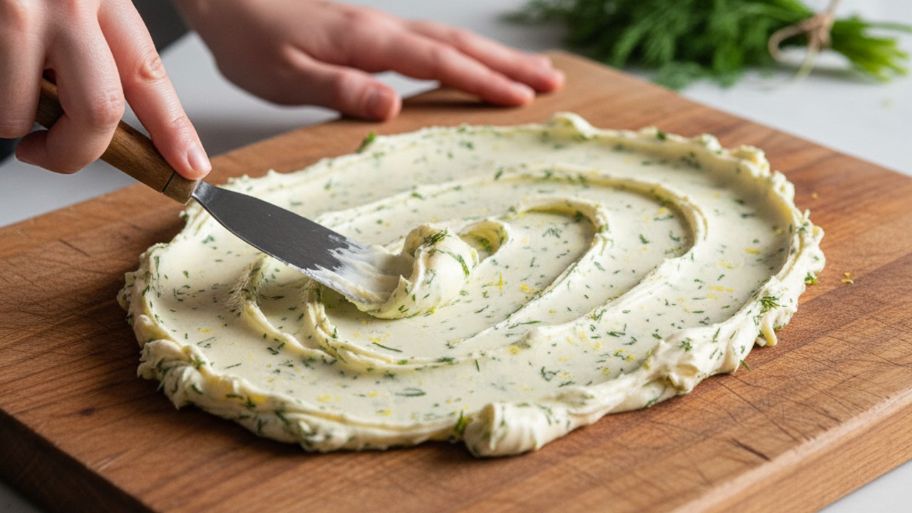 Spread the butter on a serving board