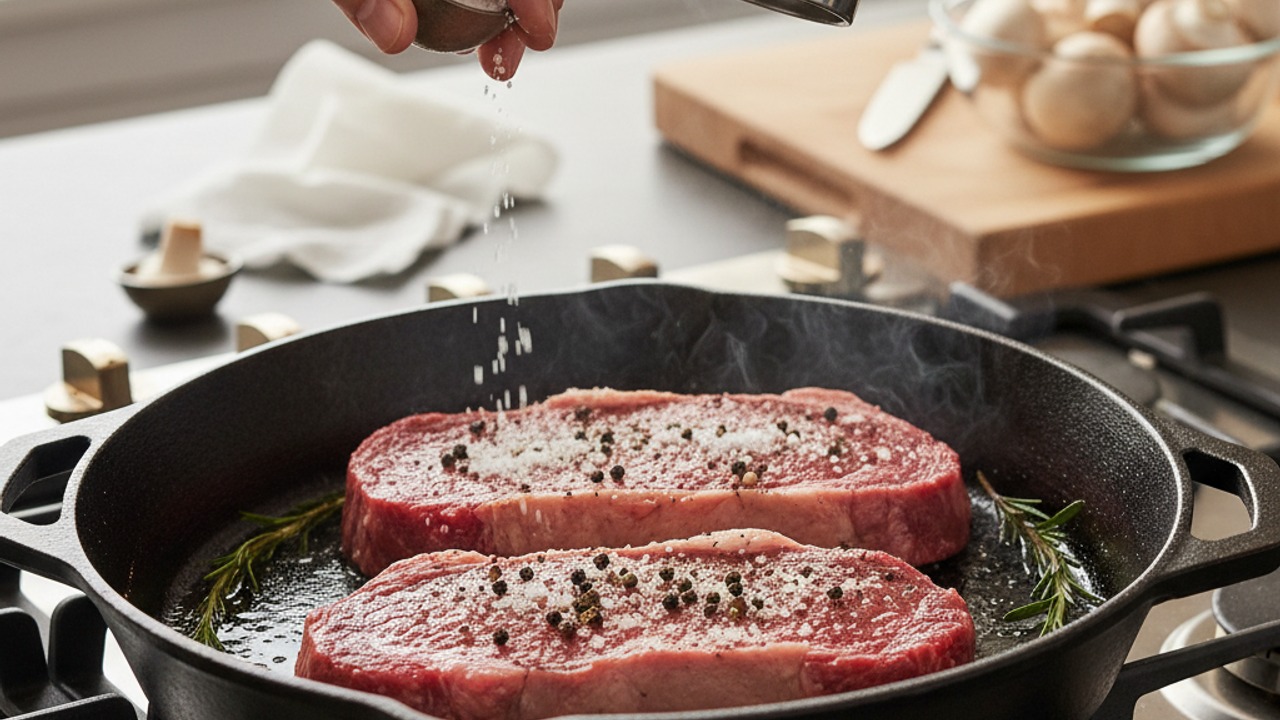 Season and sear the steaks