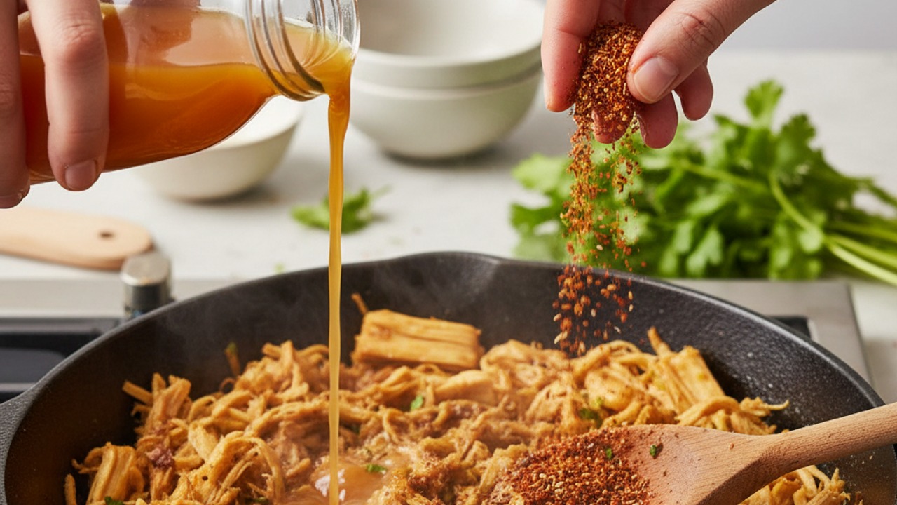 Add citrus, tamari and spices; simmer