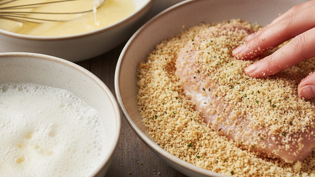 Make breadcrumb mix and dredge