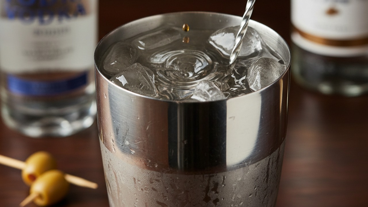 Add bitters (optional) and ice, then chill