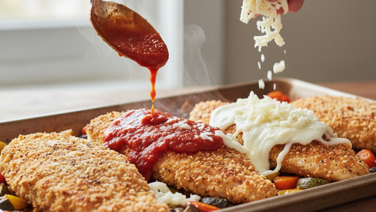 Top with sauce and cheese, finish baking