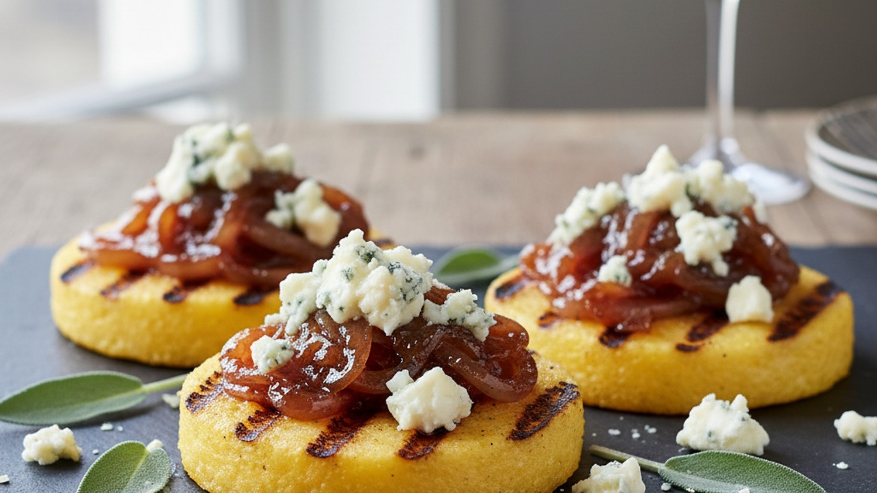 Grilled Polenta Rounds with Caramelized Shallots, Gorgonzola & Crispy Sage