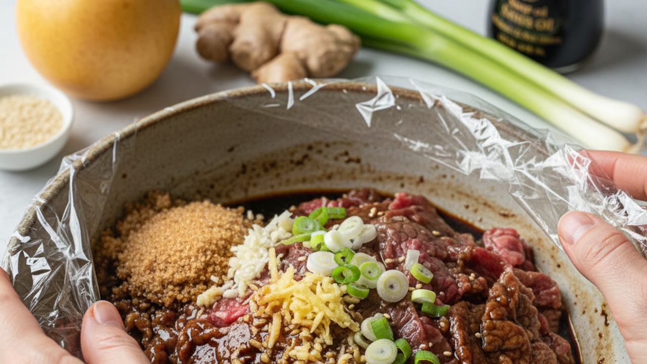 Make the bulgogi marinade and marinate the beef