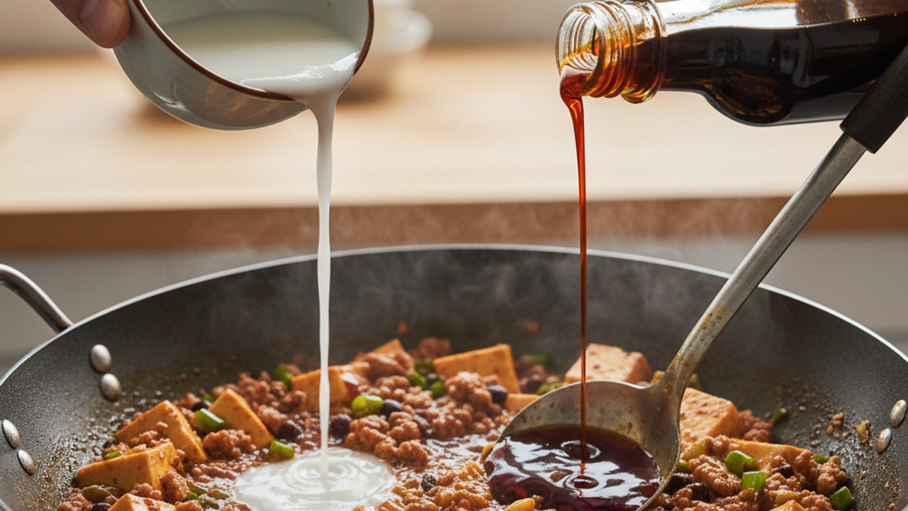Thicken the sauce and finish with chili oil