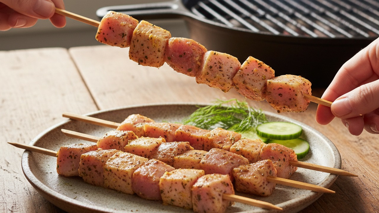 Skewer the chicken