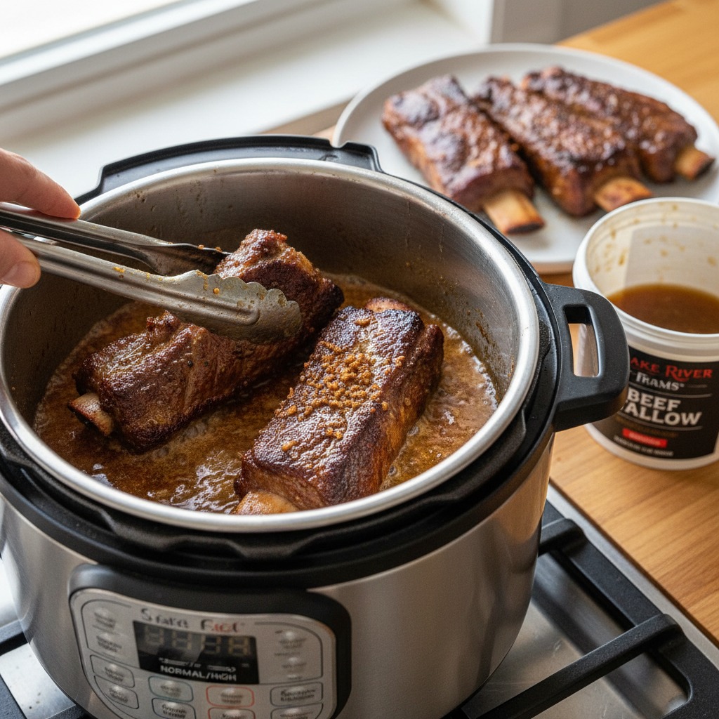 Sear the short ribs in tallow