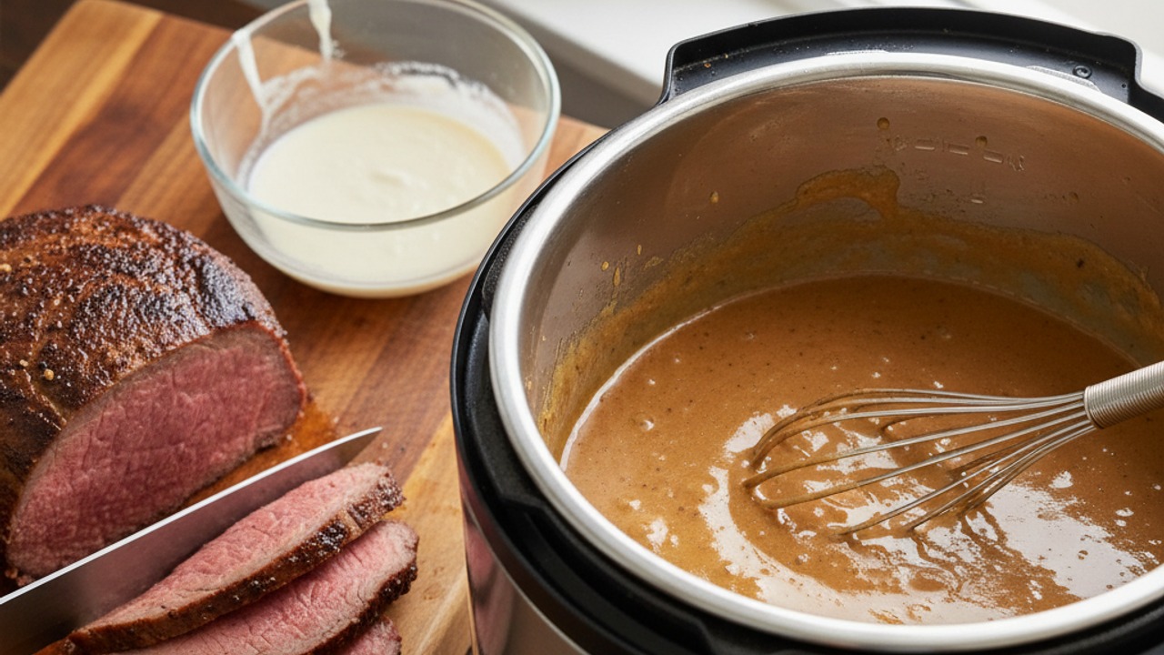 Make pan sauce and slice to serve