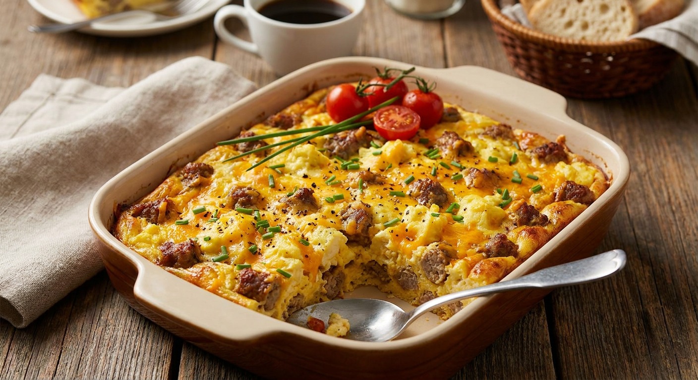 Make-Ahead Breakfast Casserole with Sausage, Eggs and Cheddar