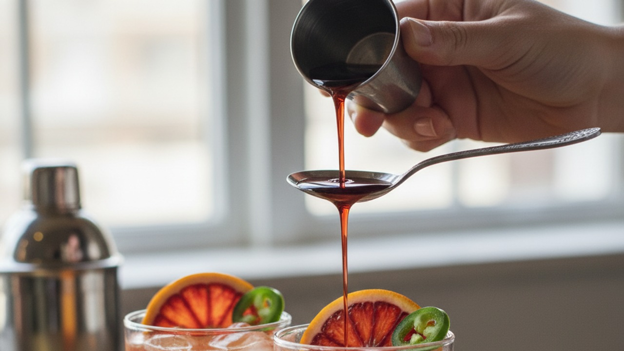 Layer grenadine and garnish