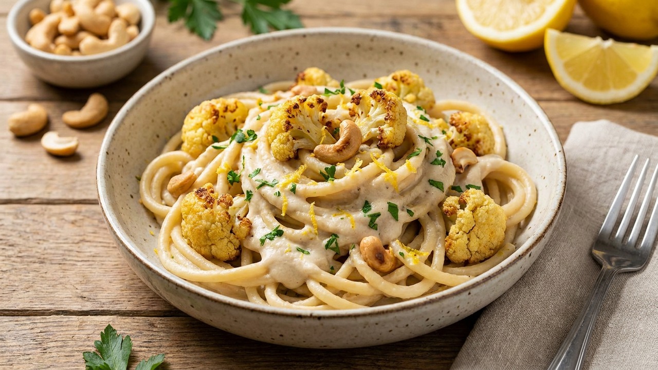 Vegan Cashew Alfredo Bucatini with Roasted Cauliflower and Lemon Zest