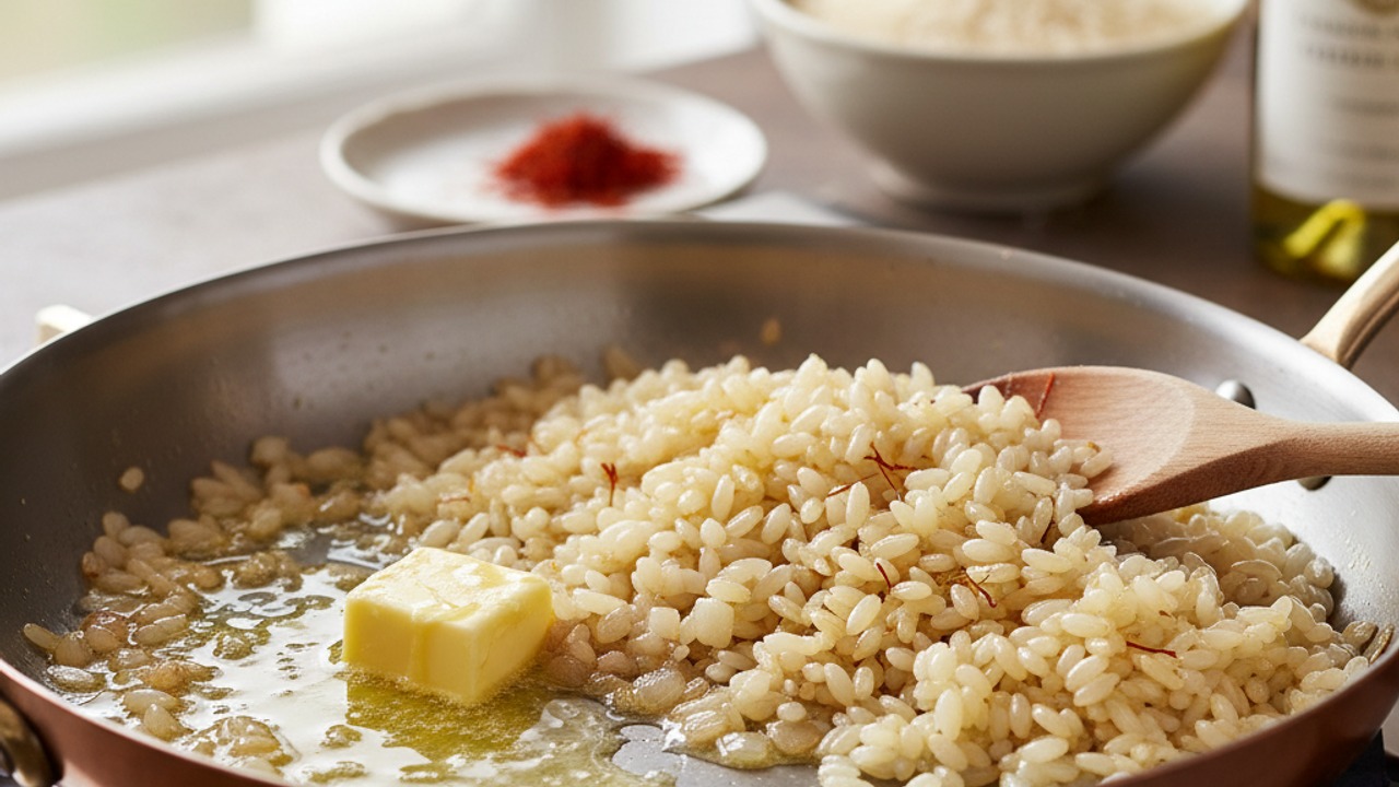 Sauté aromatics and toast the rice