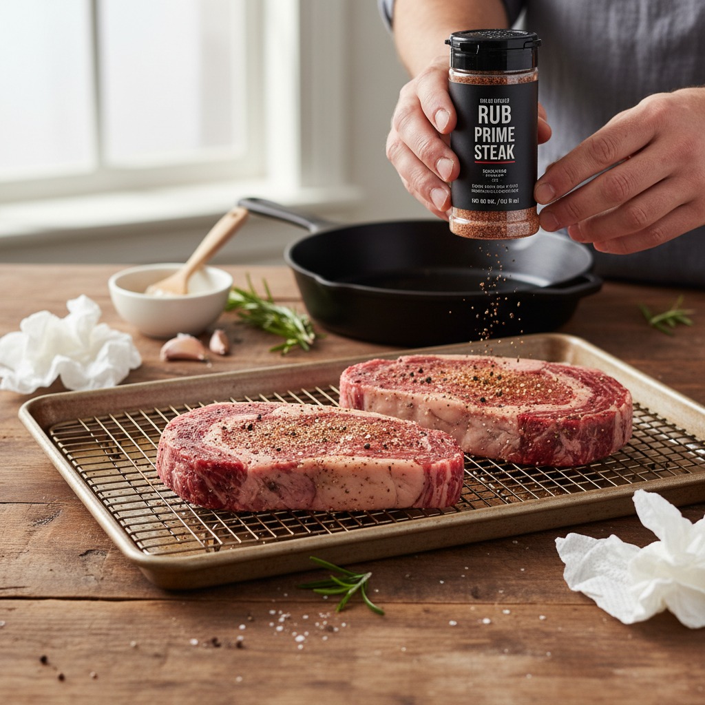 Temper and season the steaks