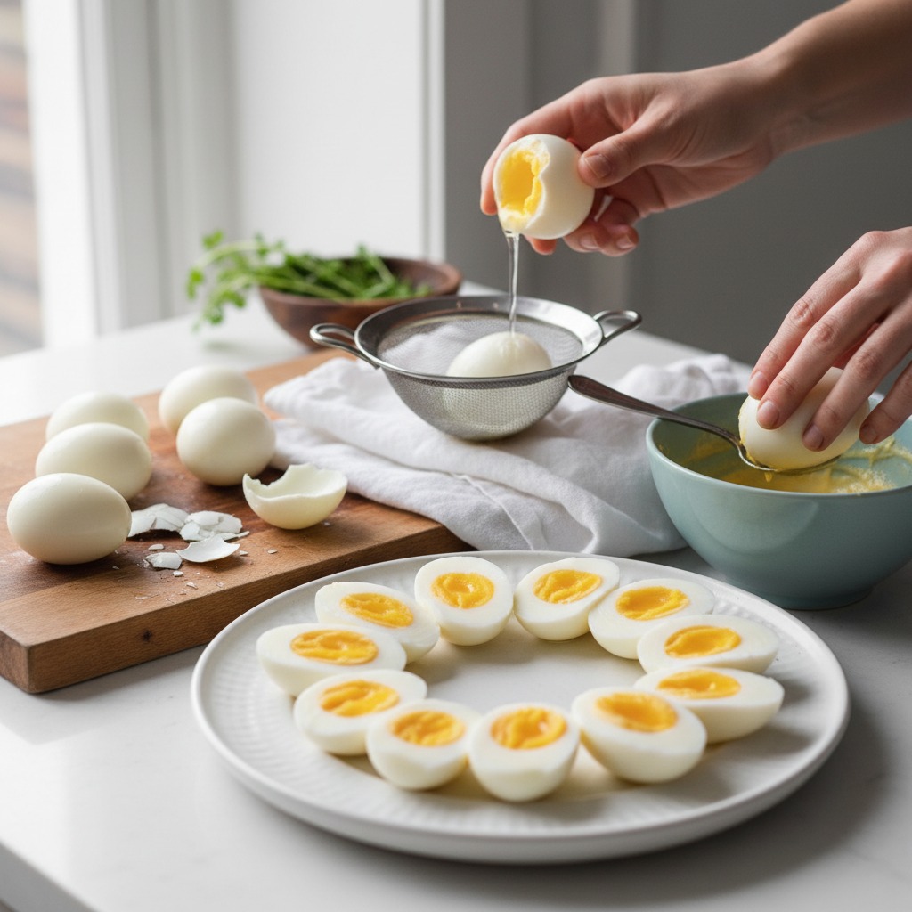 Peel and halve the eggs