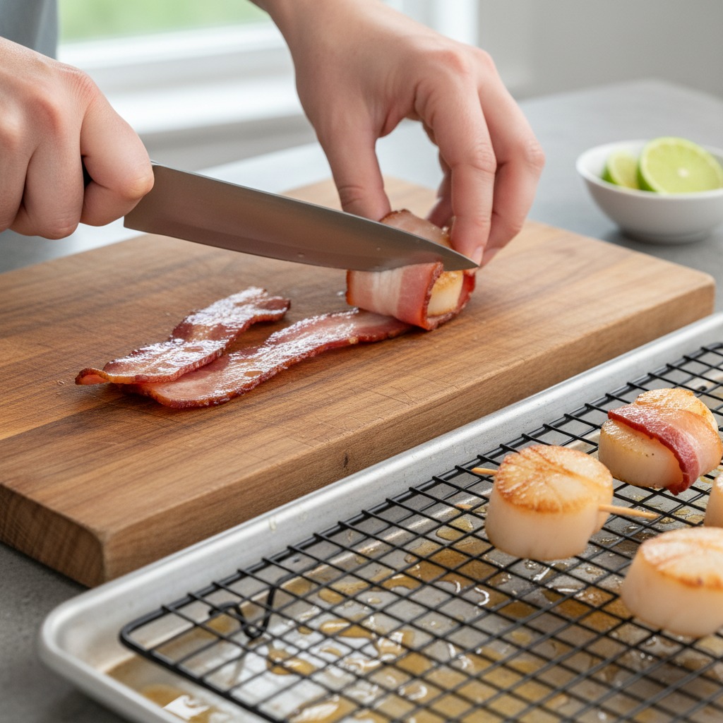 Prepare bacon and wrap scallops