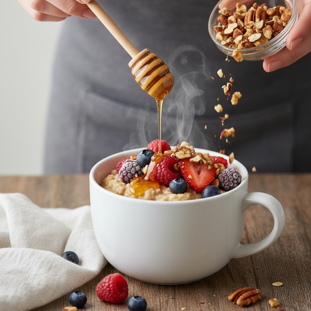 Top with berries, honey and nuts