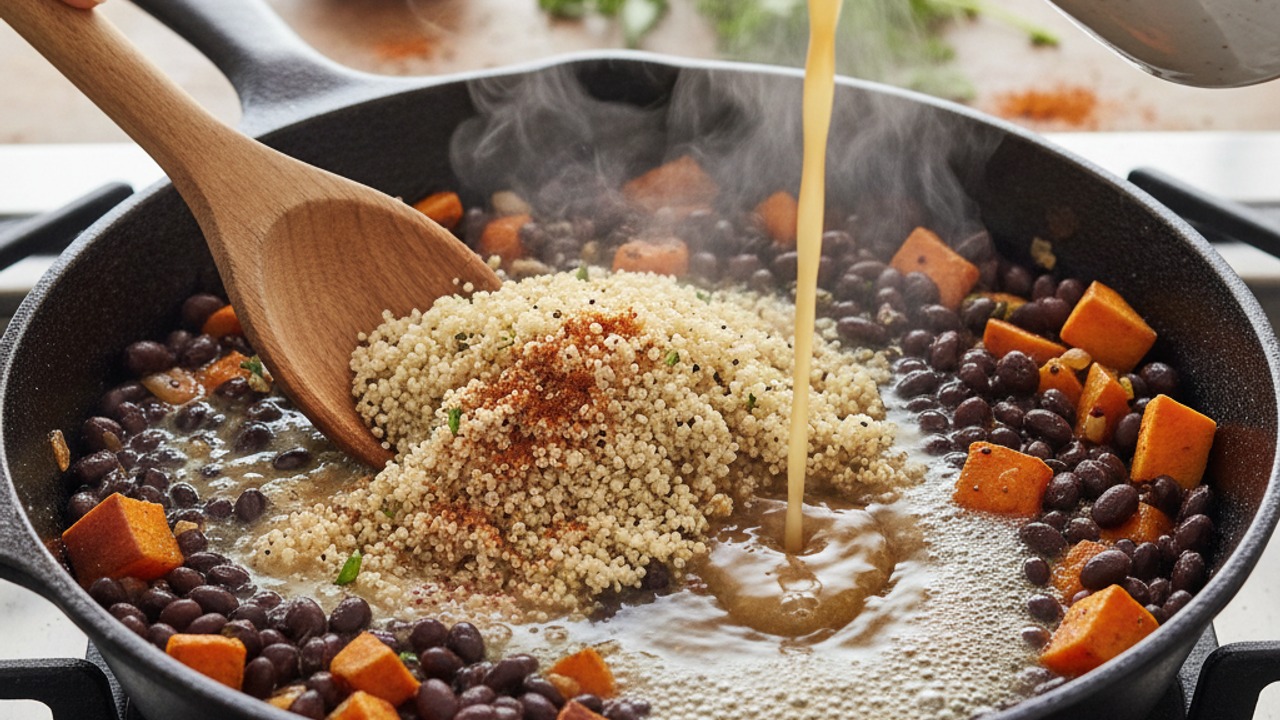 Add quinoa, spices and broth; simmer