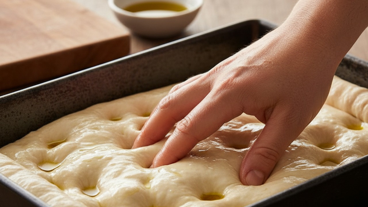 Prepare pan, transfer dough, and dimple