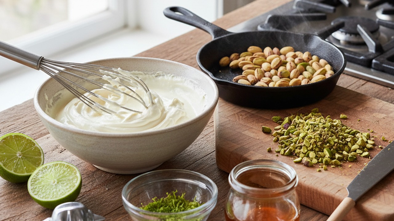 Make mascarpone topping and toast pistachios