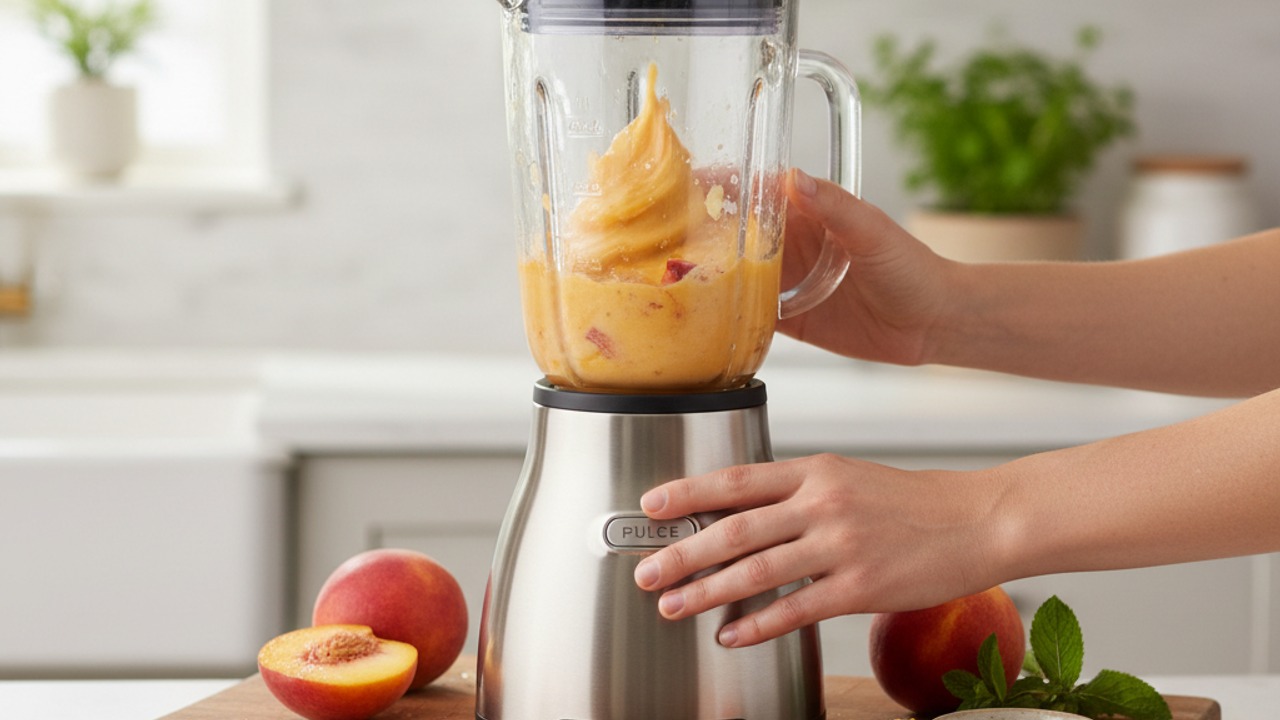 Puree the peaches to a smooth consistency