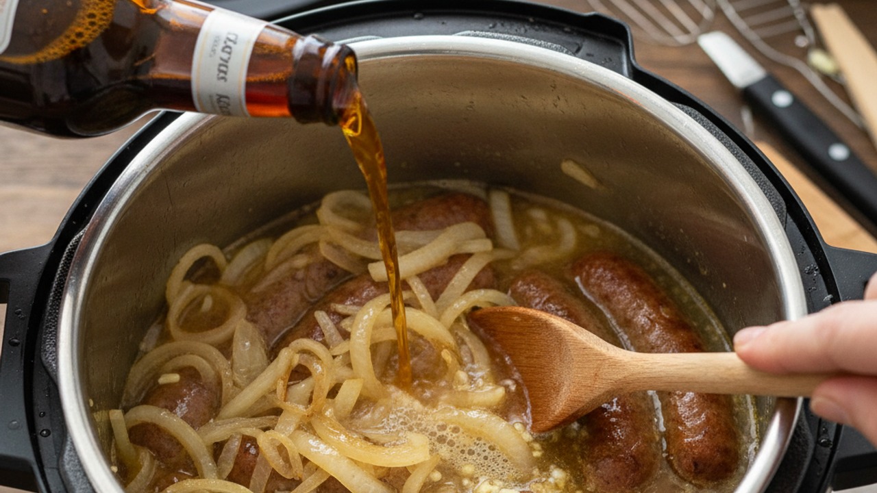 Sauté onions, add beer and broth