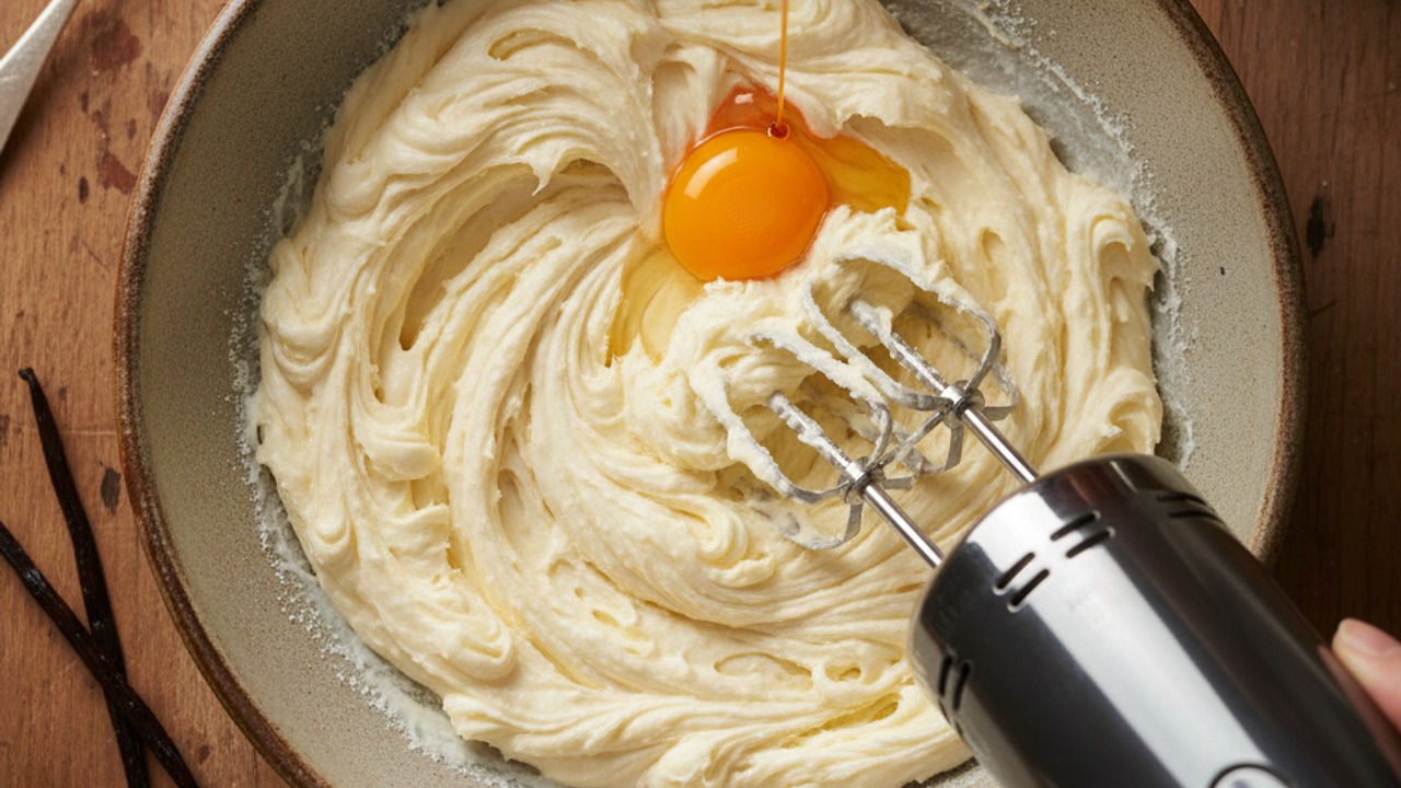 Cream butter and sugar, add yolk and vanilla