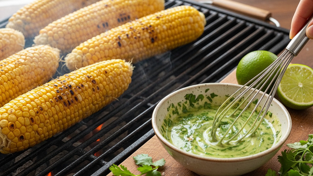 Char the corn and make the dressing