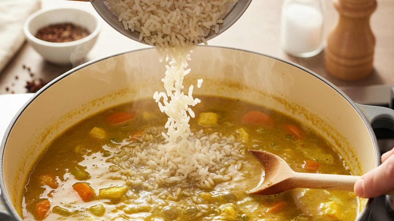 Cook the rice in the broth
