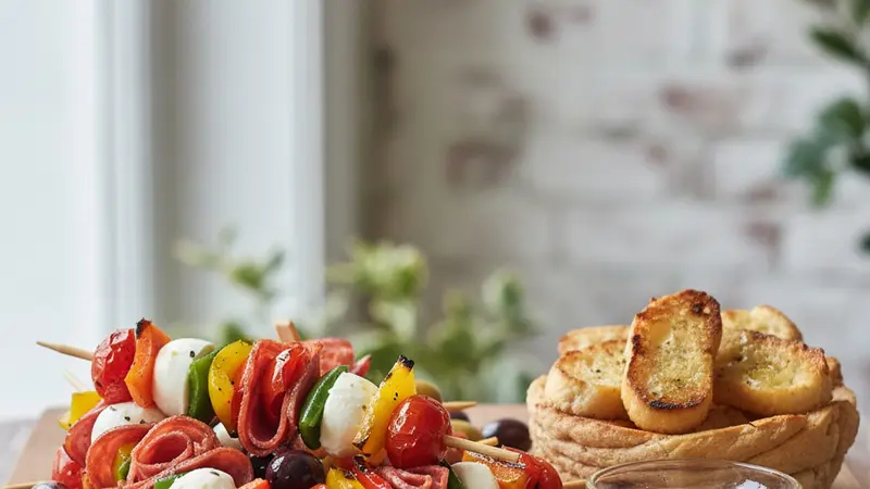 Labor Day Grilled Antipasto Skewers with Charred Ciabatta Crostini