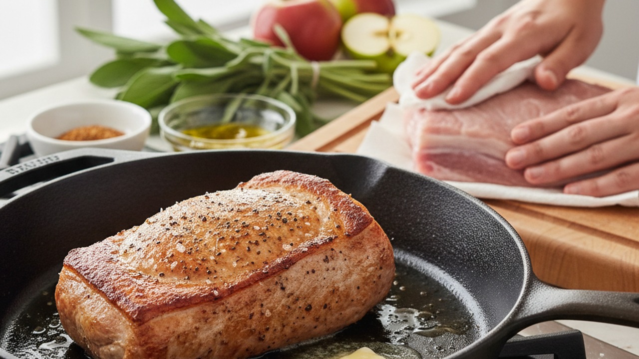 Season and sear the pork loin