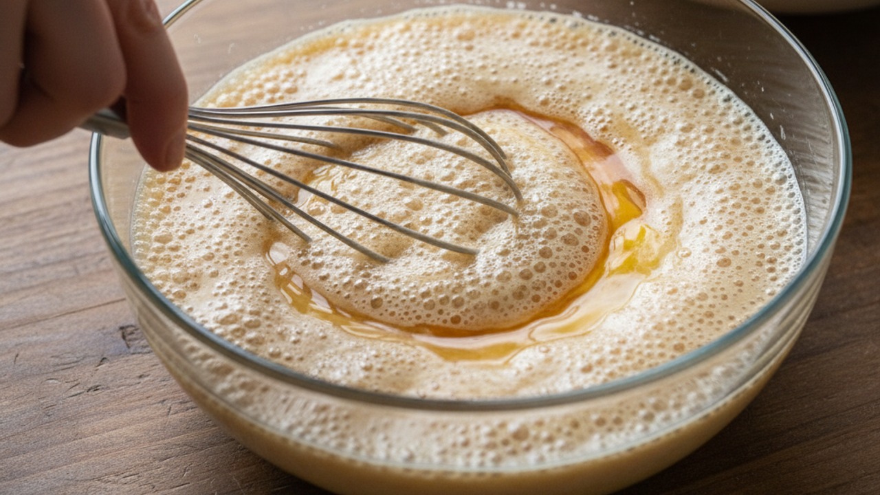 Proof yeast and mix wet ingredients