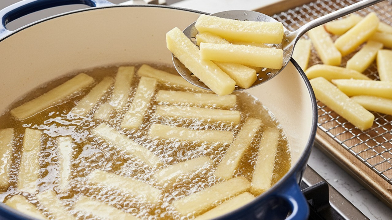 First fry the chips (low temperature)