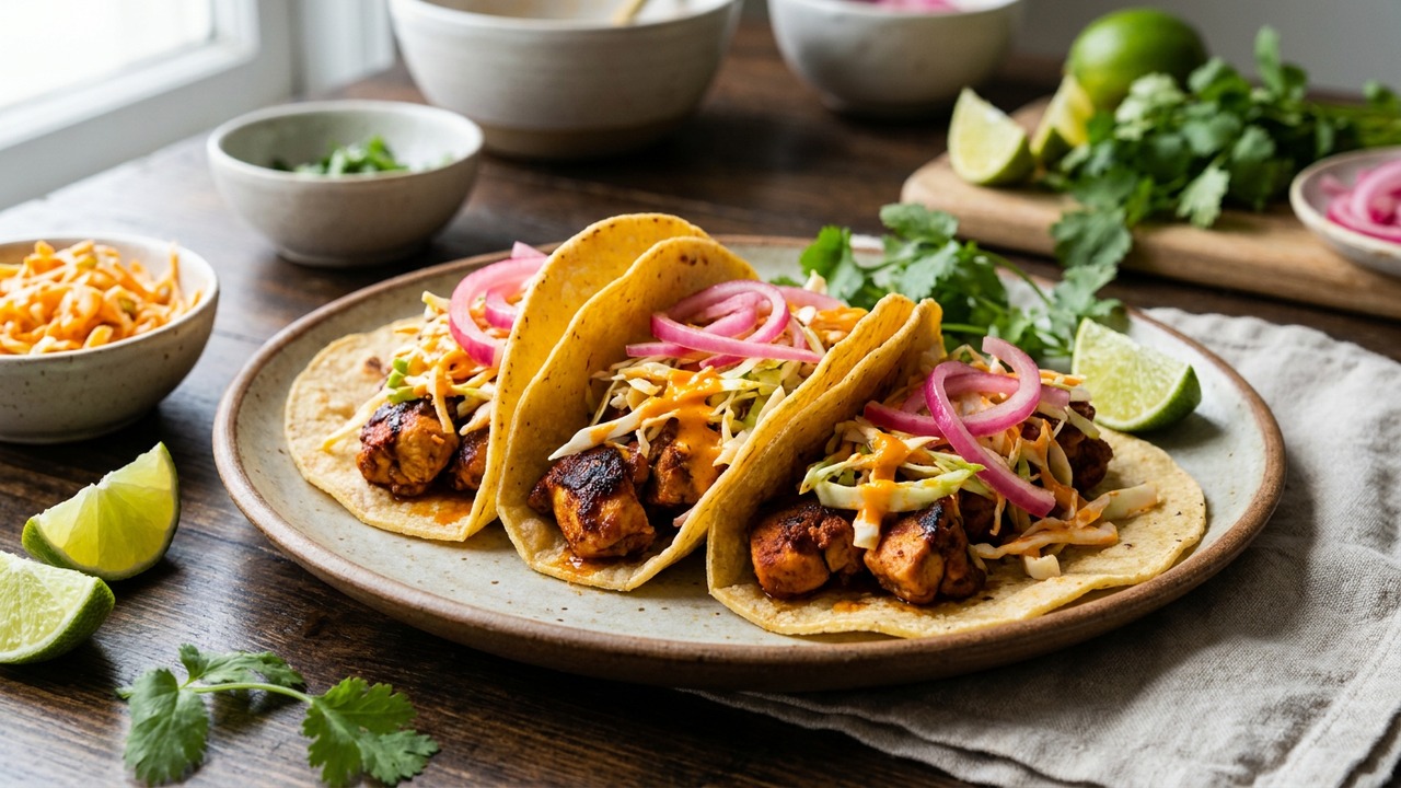 Yucatán Achiote Chicken Tacos with Orange Slaw and Pickled Red Onion