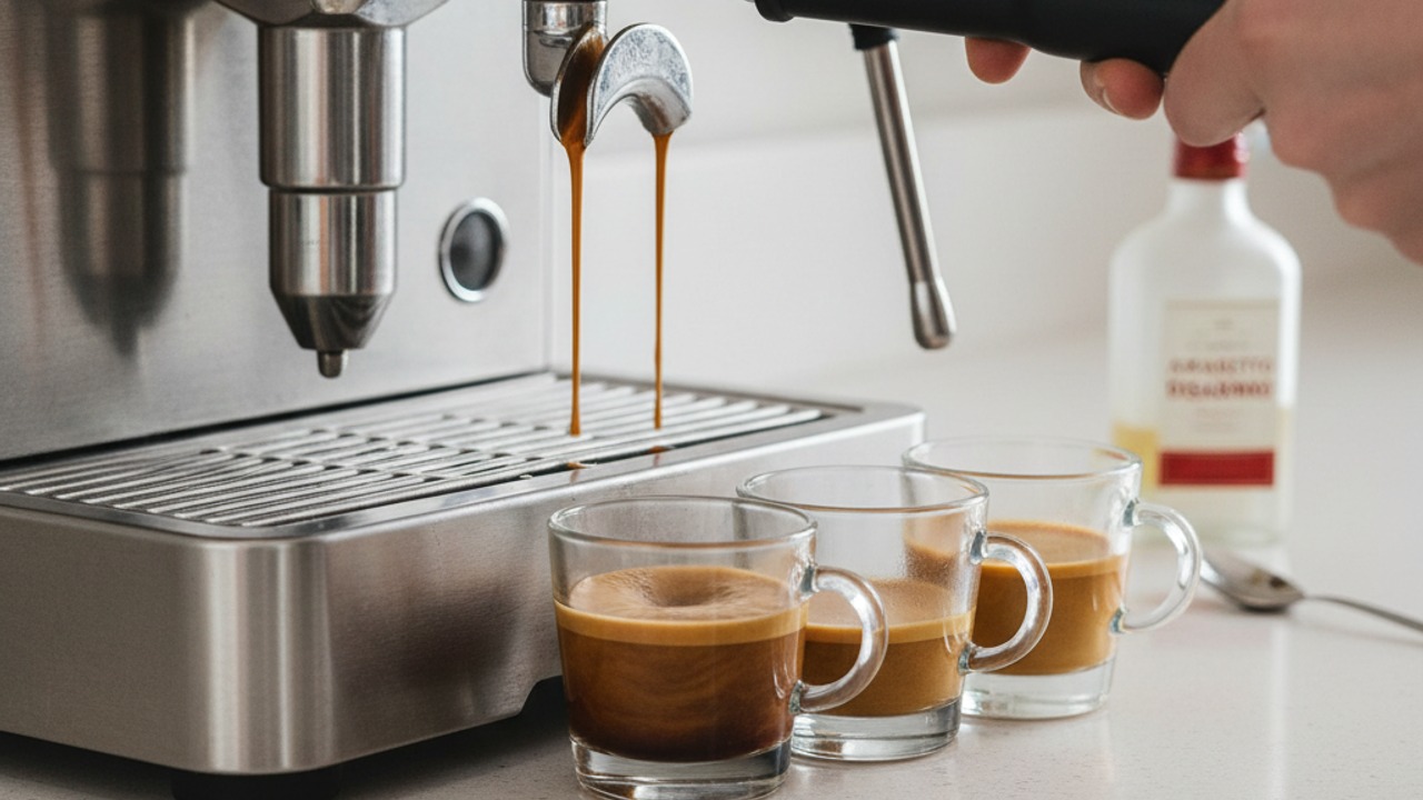 Brew espresso and add liqueur (optional)
