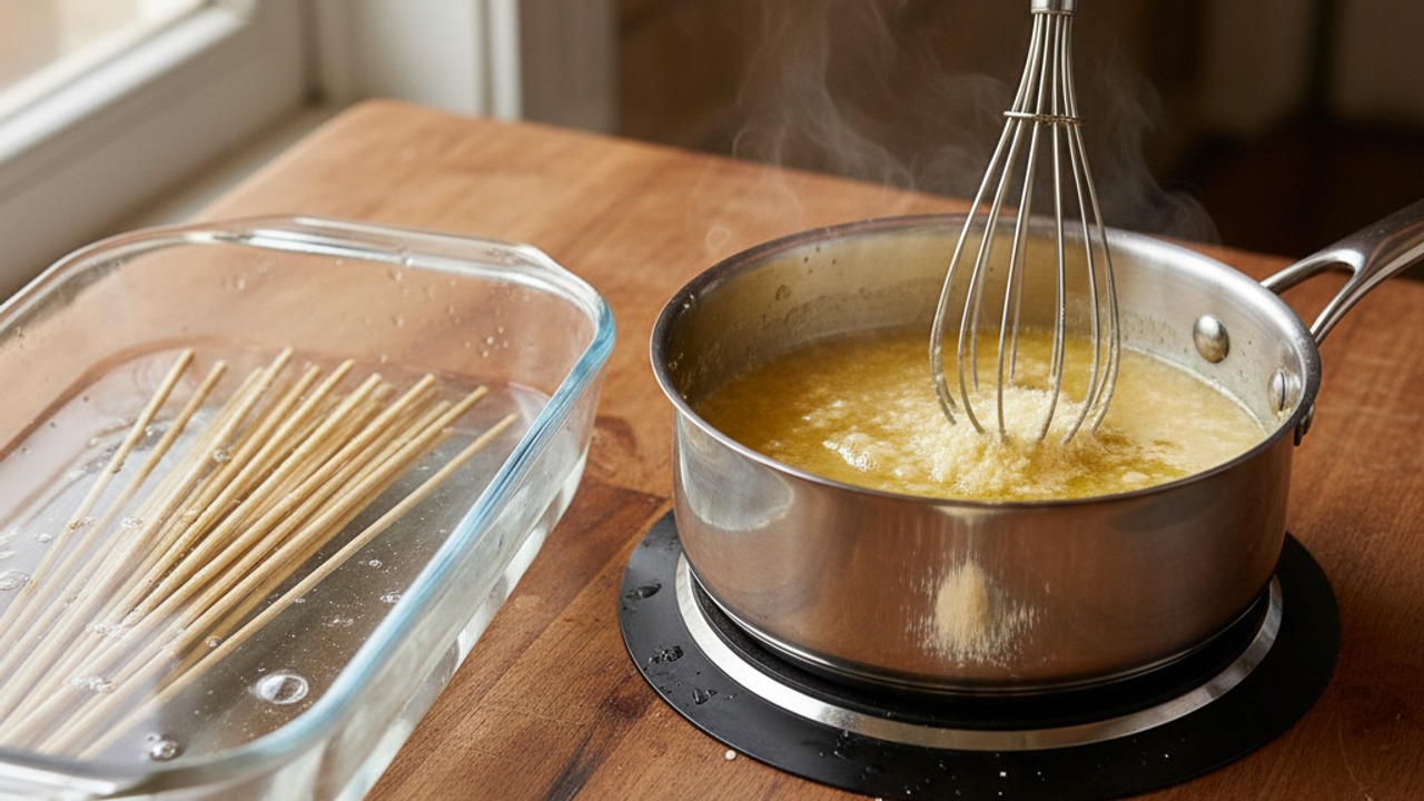 Soak skewers & make garlic‑Parmesan butter