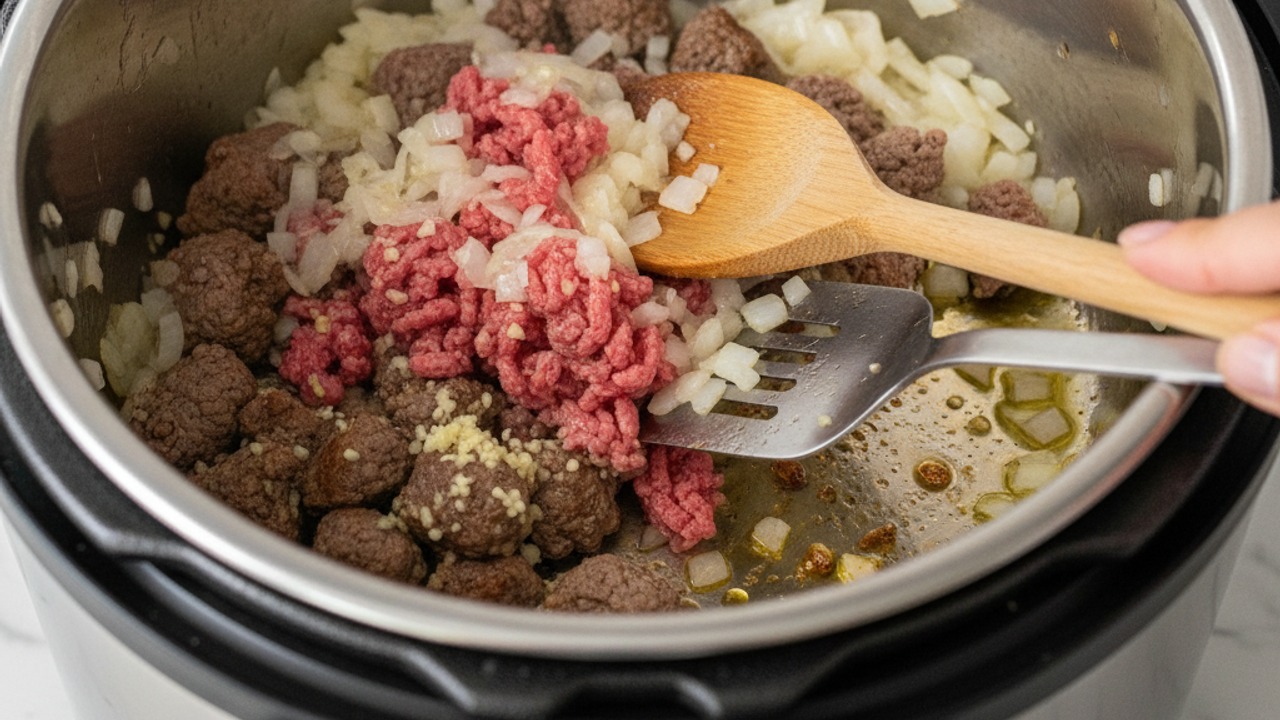 Sauté aromatics and brown the beef