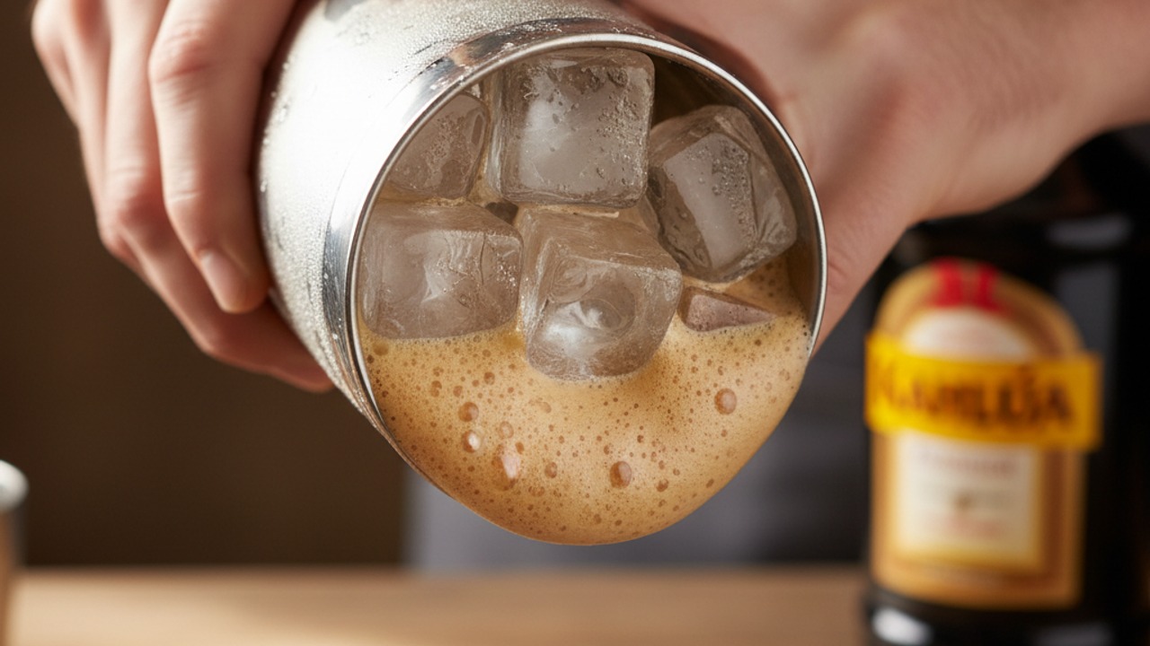 Shake with ice to create crema