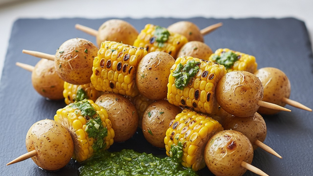 Grilled Potato & Corn Skewers with Herb-Butter and Chimichurri — Labor Day Steak Side