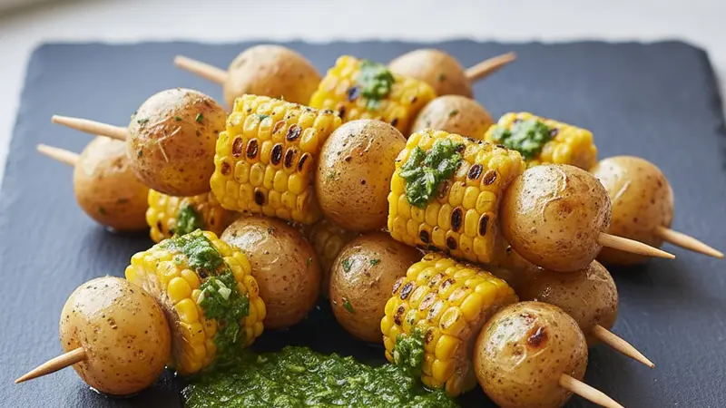 Grilled Potato & Corn Skewers with Herb-Butter and Chimichurri — Labor Day Steak Side
