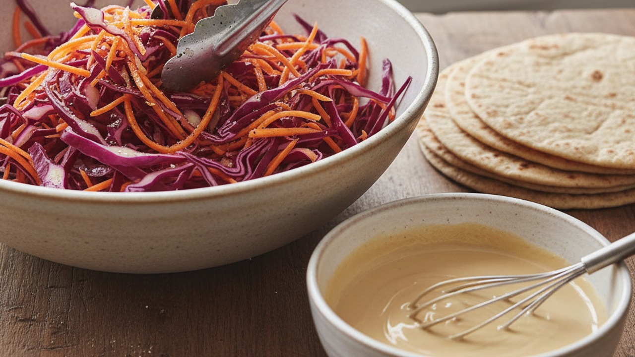Make the cabbage-carrot slaw and tahini drizzle