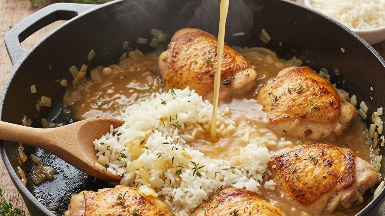 Add rice, broth and aromatics